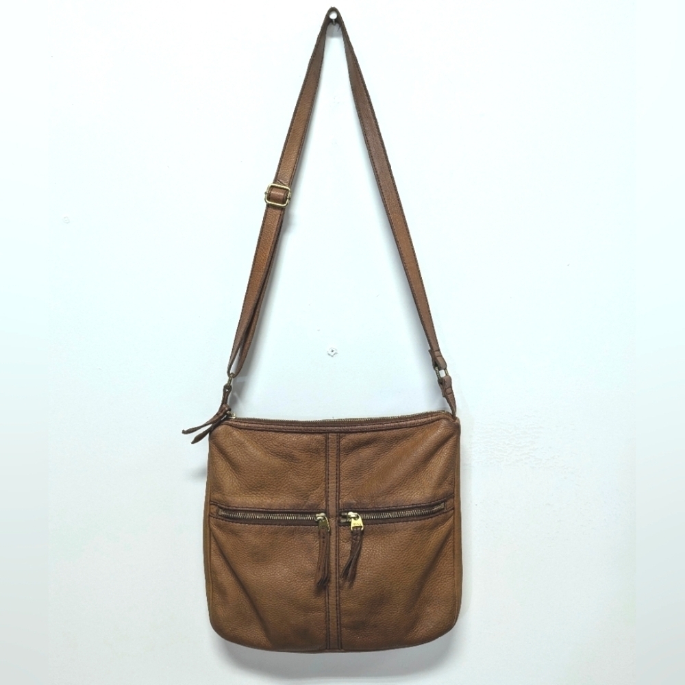 Fossil Brown Leather Crossbody Zipper Close Pockets Adjustable Strap Brass